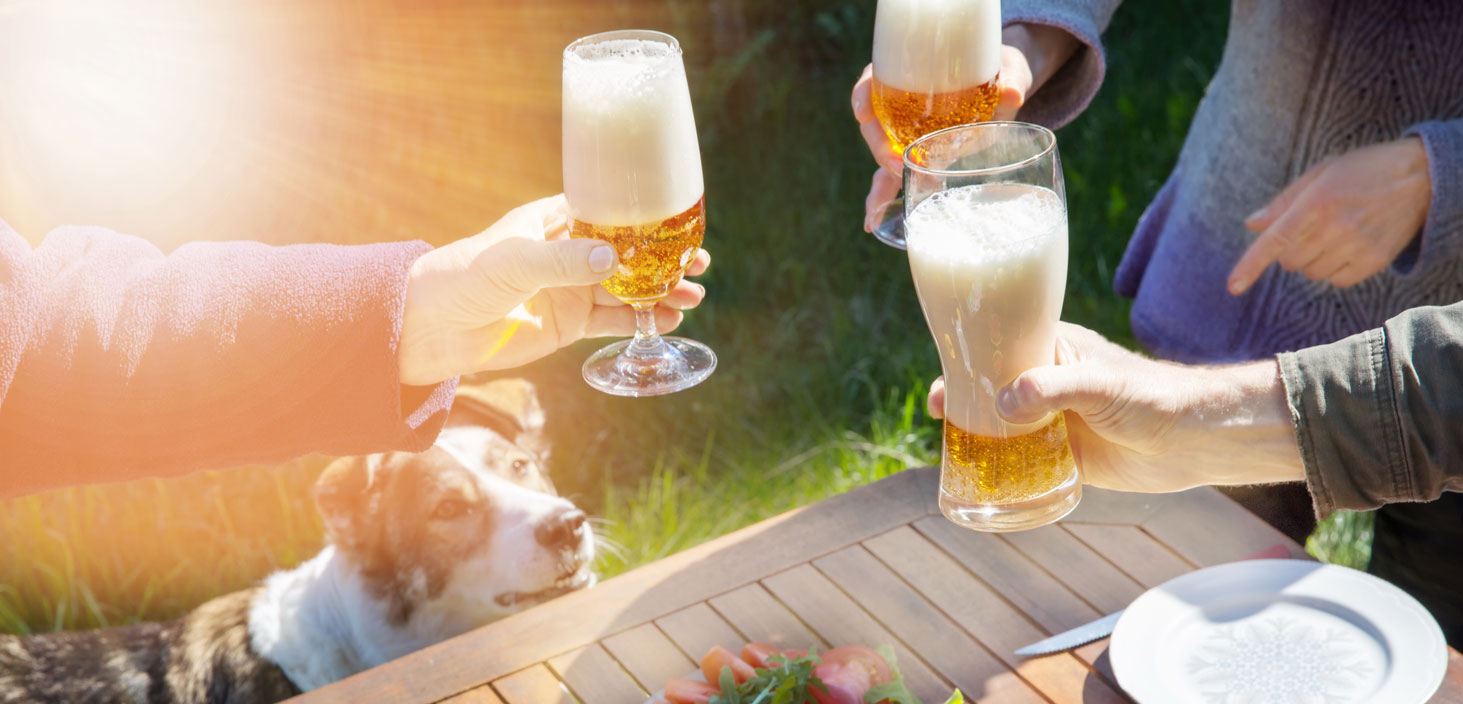 Three people having a beer with a dog watching